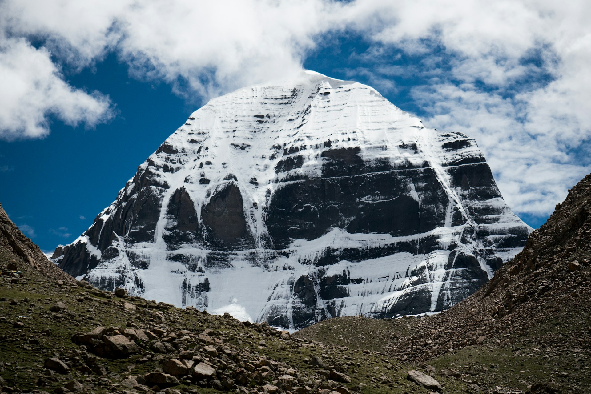 Mountain landscape with traveler